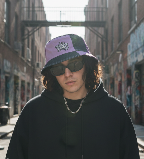 reversible purple bucket hat