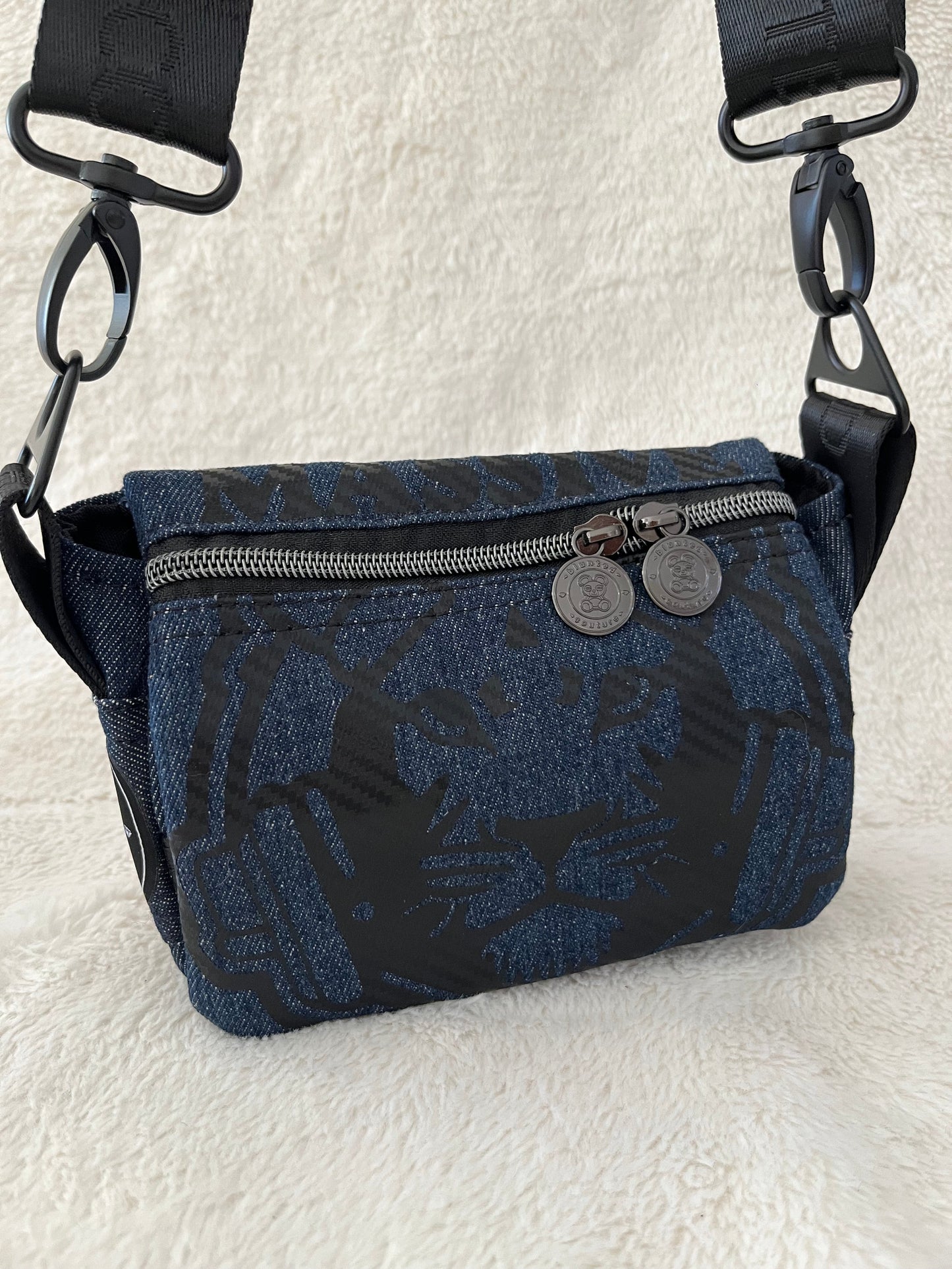 mini lion on denim couture bag, one off