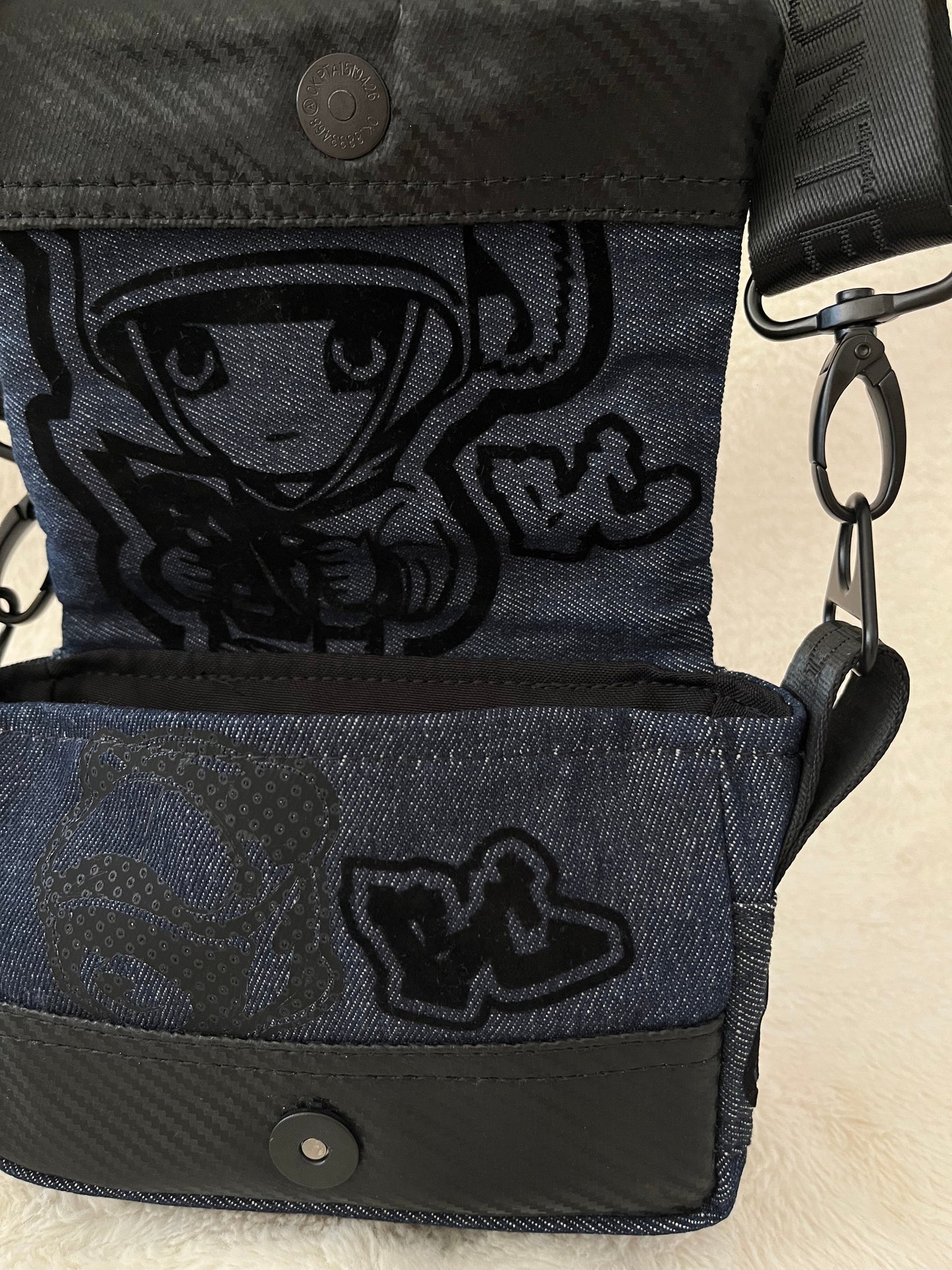 mini lion on denim couture bag, one off