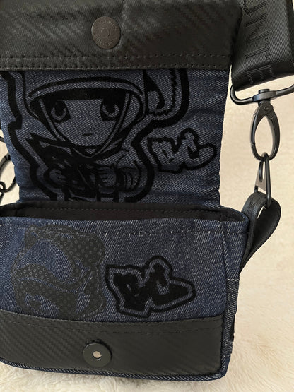 mini lion on denim couture bag, one off