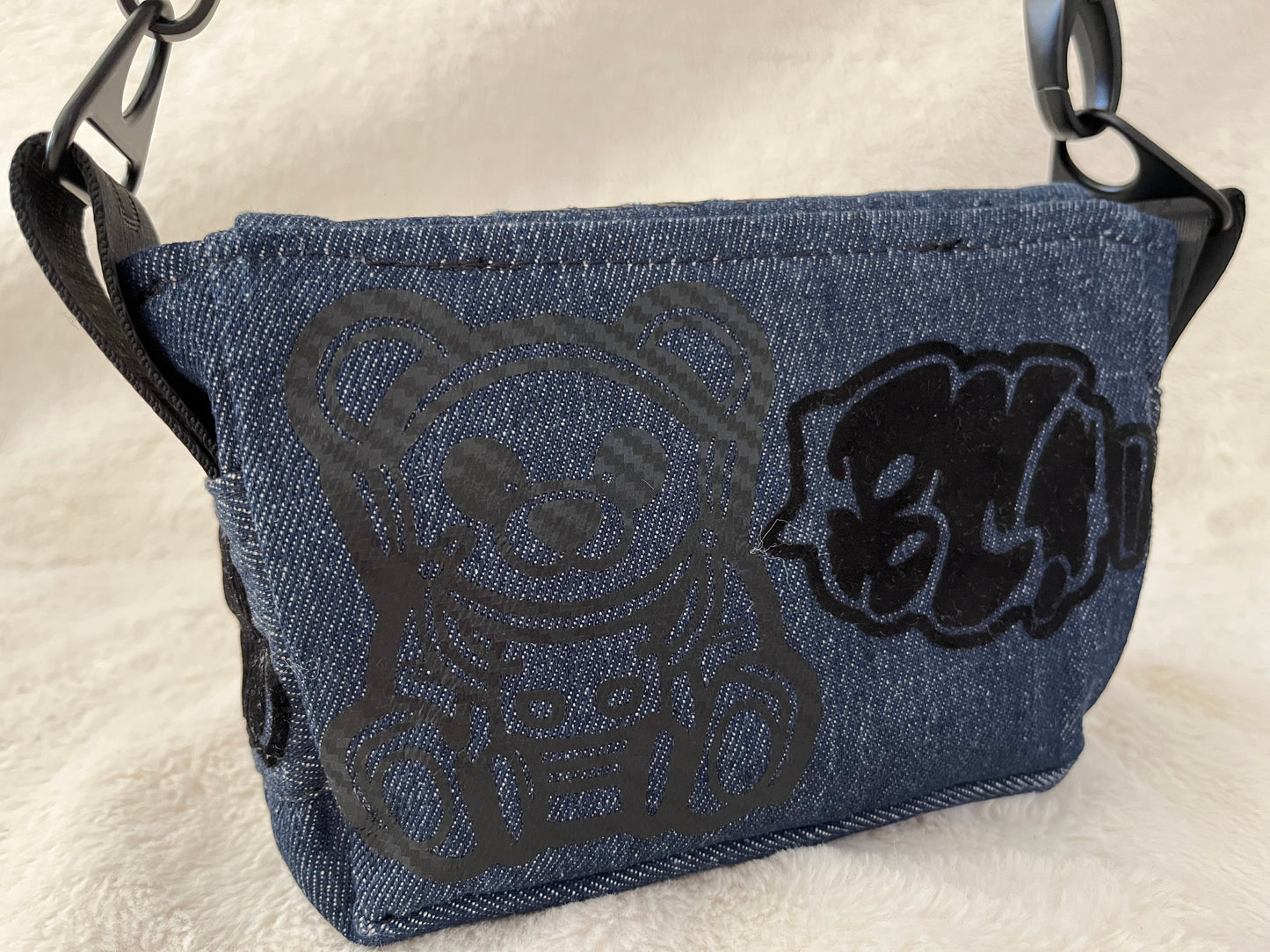 mini lion on denim couture bag, one off