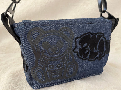 mini lion on denim couture bag, one off