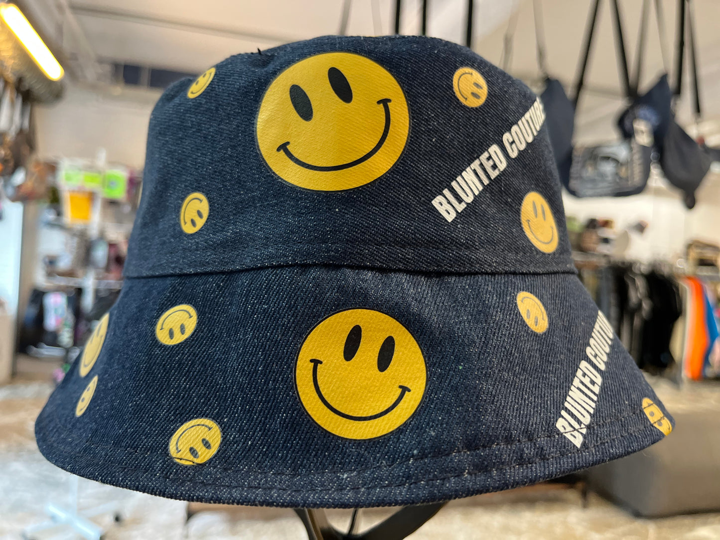 reversible smiley denim bucket hat