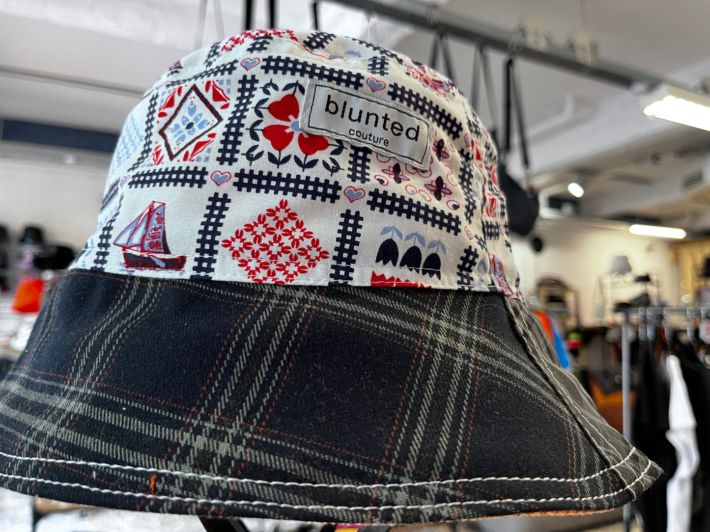 reversible Dutch tartan denim bucket hat