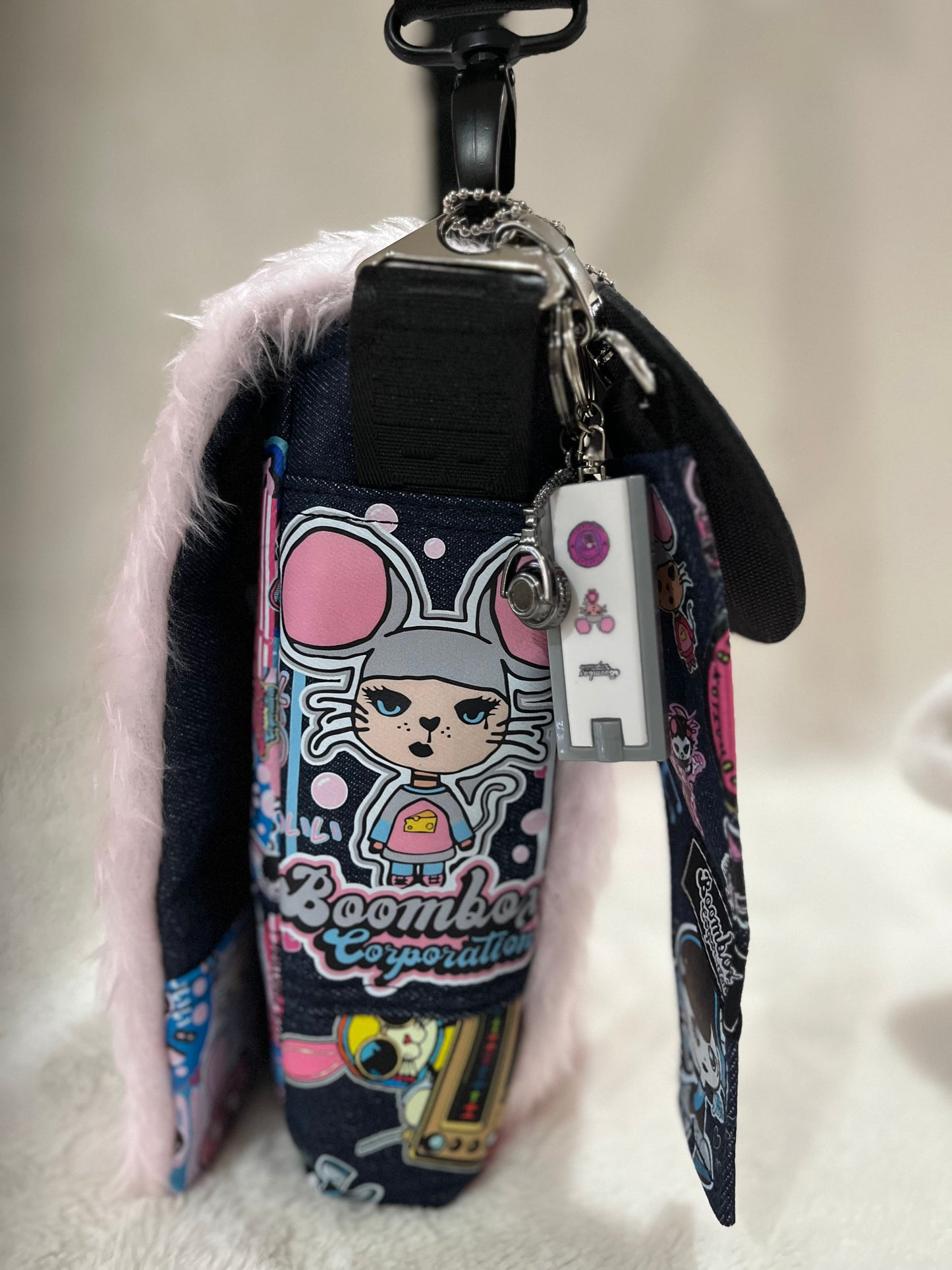 fluffy pink, maisie mouse, couture bag, one off