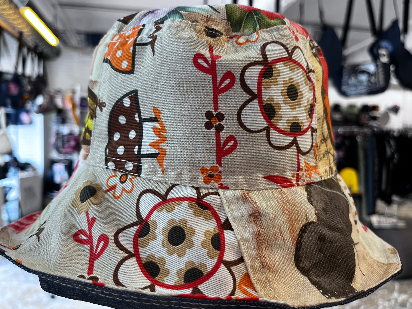 reversible flower gnome denim bucket hat