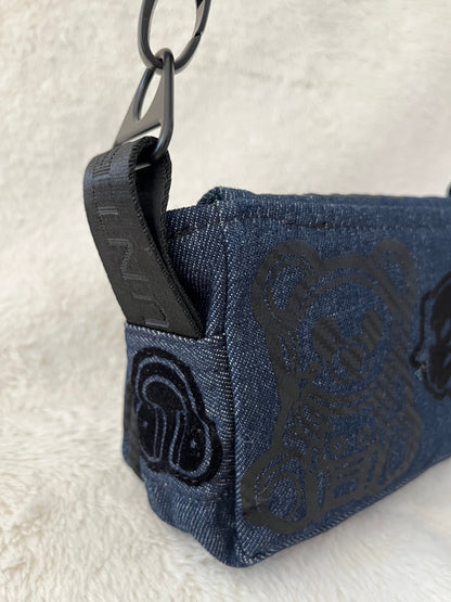 mini lion on denim couture bag, one off