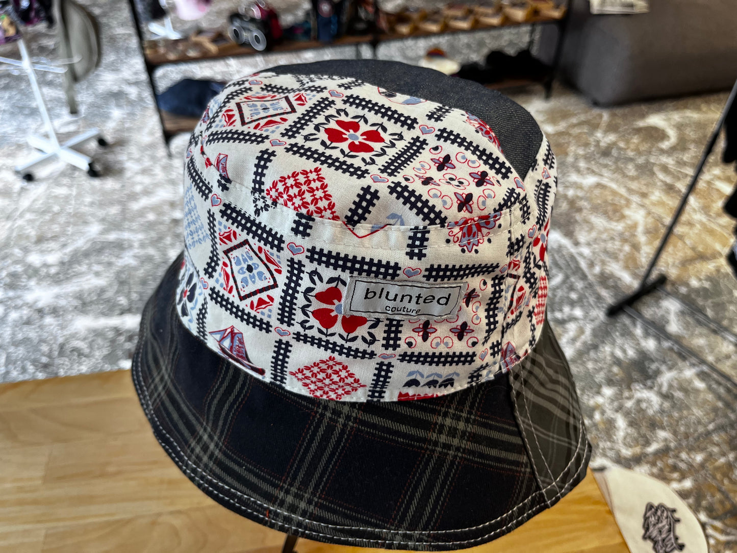 reversible Dutch tartan denim bucket hat