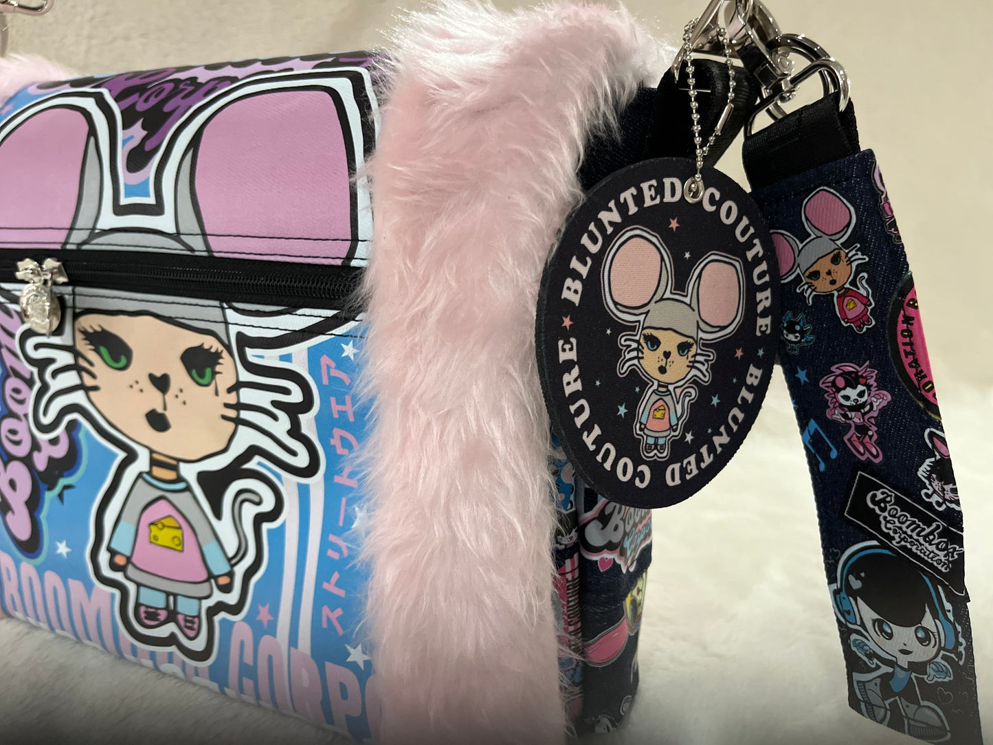 fluffy pink, maisie mouse, couture bag, one off