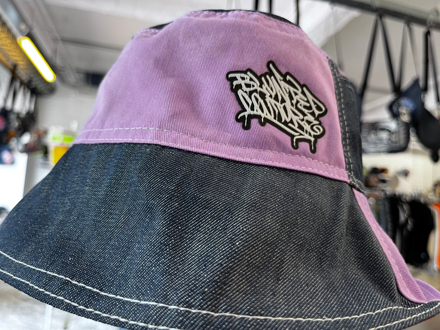 reversible purple laced denim bucket hat