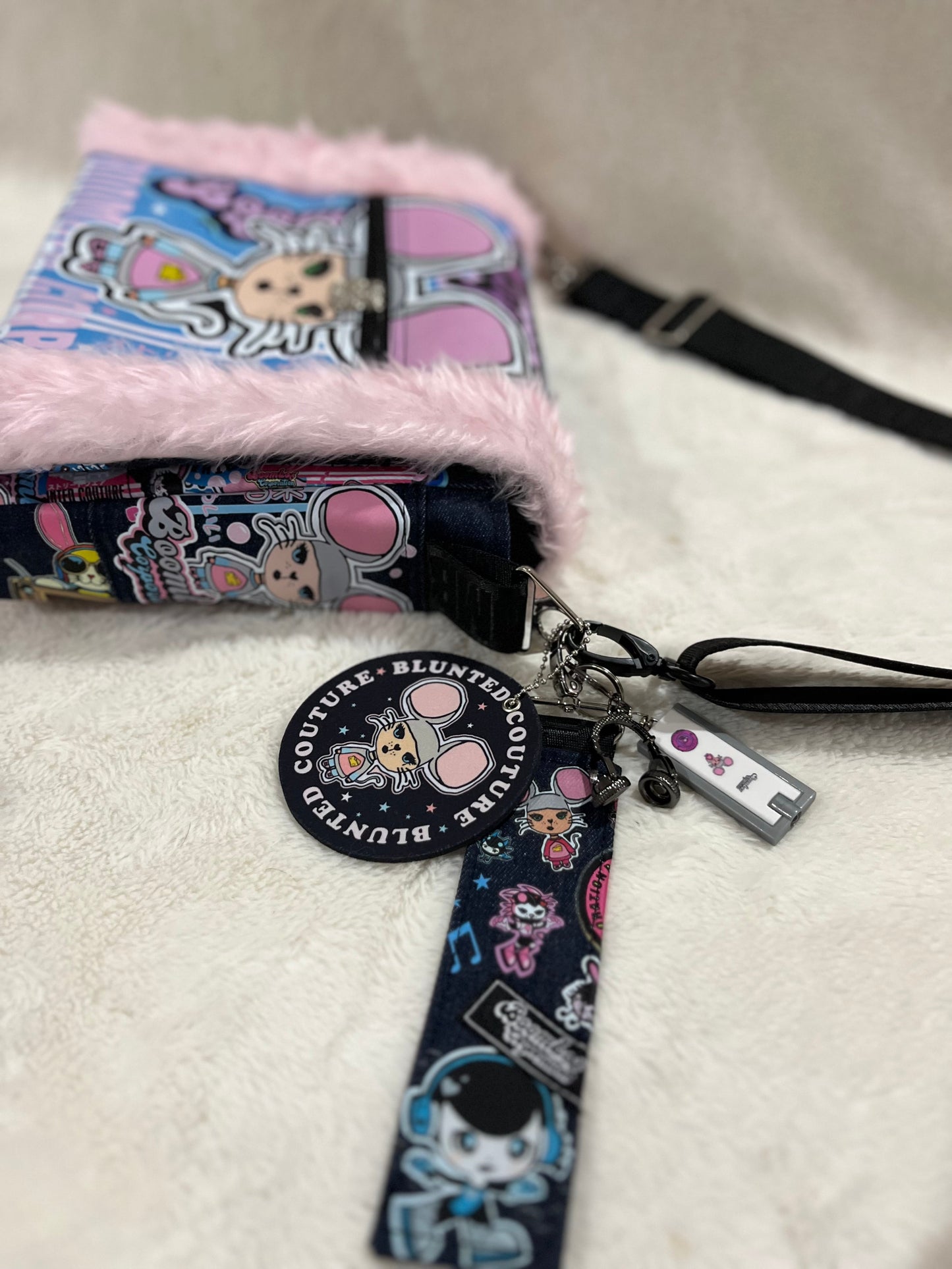 fluffy pink, maisie mouse, couture bag, one off
