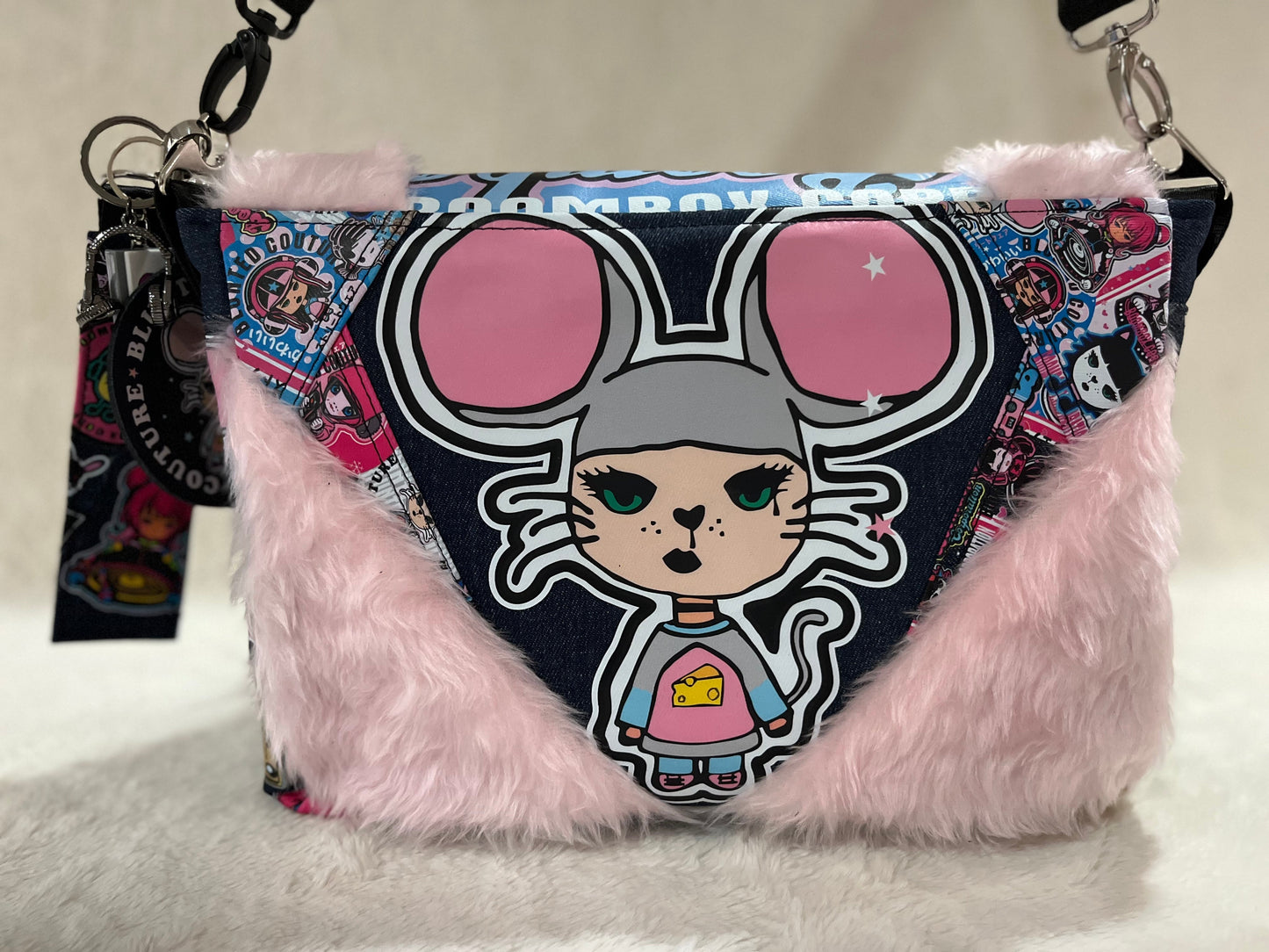 fluffy pink, maisie mouse, couture bag, one off